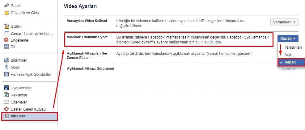 Facebook otomatik video kapatma