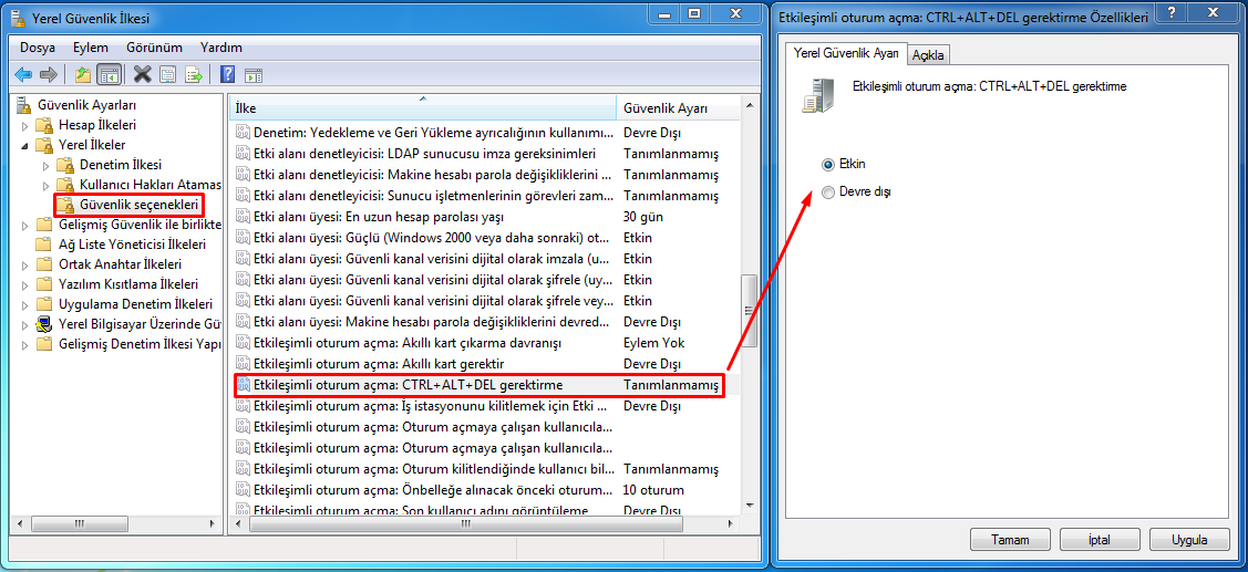 CTRL+ALT+DEL Özelliğini Açmak veya Kapatmak