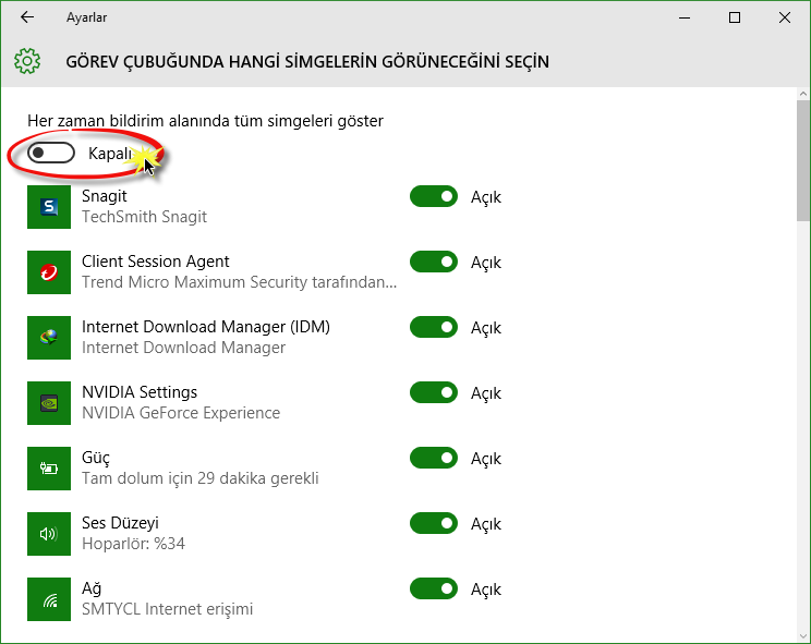 Windows 10 Görev Çubuğundan Bildirim Alanını Kaldırma