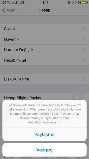 iOS için WhatsApp Bilgi Paylaşımı Kapatma1