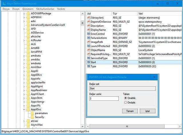AppXSvc Servisini Kapatın