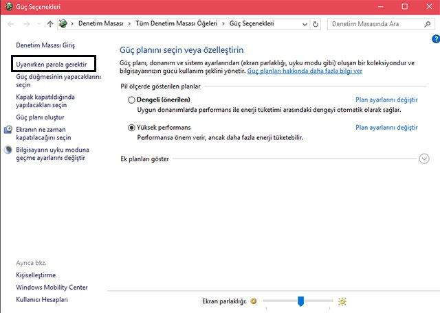 Bilgisayar Uyku Modundan Uyanırken Parola Sormasın