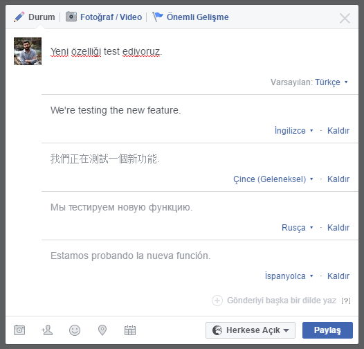 Facebook'da Birden Fazla Dilde Gönderi Paylaşmak