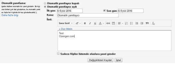 Gmail Otomatik Yanıtlayıcı Ayarları