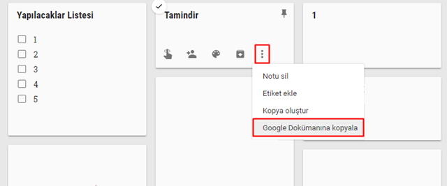 google keep'ten dokümanlara kopyalama