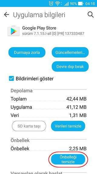 Play Store önbellek temizleme