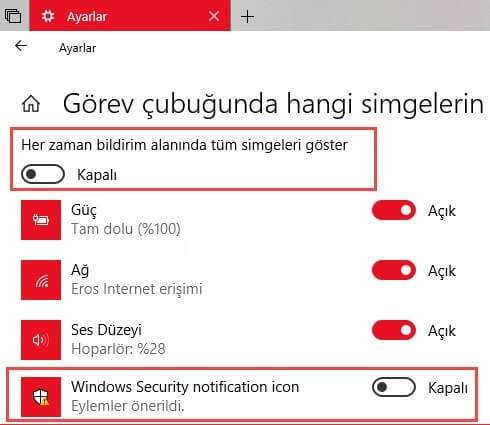 Görev Çubuğunda Windows Defender Simgesi Nasıl Kaldırılır ?