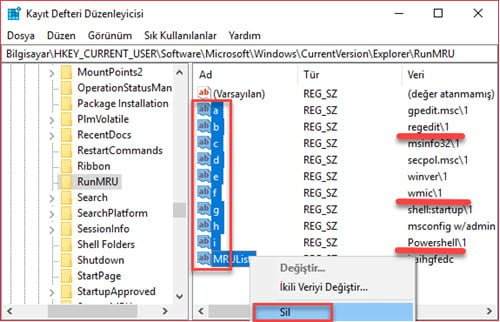 Windows 10 Çalıştır Komutlarını Silme