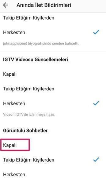Instagram Görüntülü Konuşma Kapatma