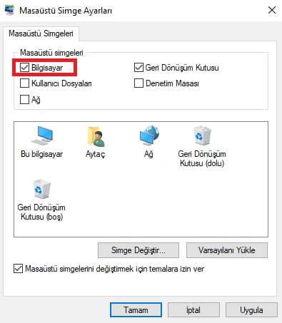 Masaüstüne Bilgisayarım simgesi ekleme