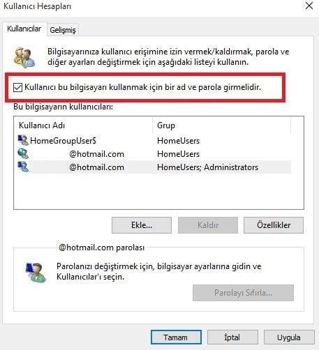 windows 10 şifresiz açma