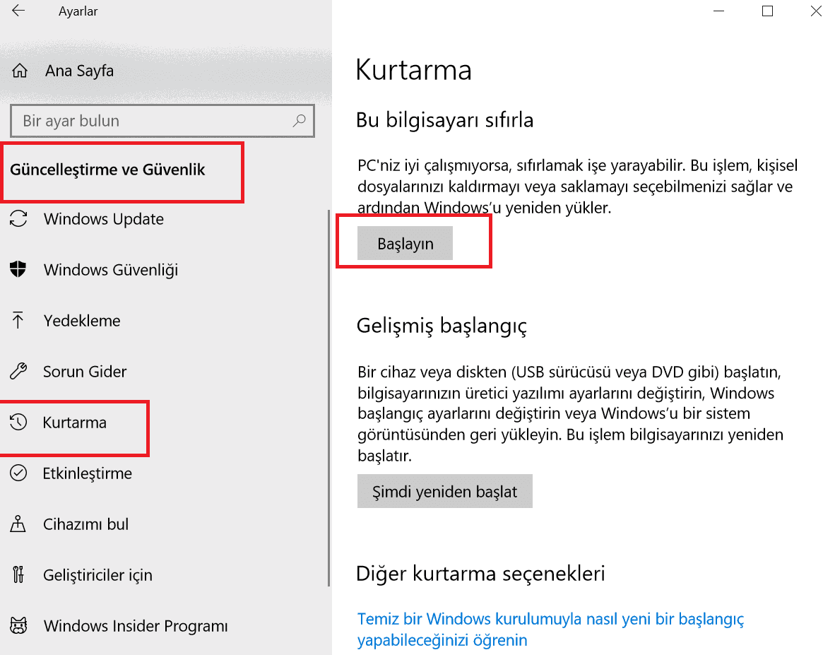Windows 10 Sıfırlama