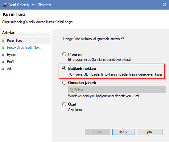 Windows güvenlik duvarında Port Açma