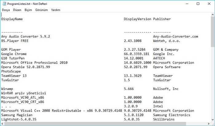 Yüklü programların bir listesini görüntülemek
