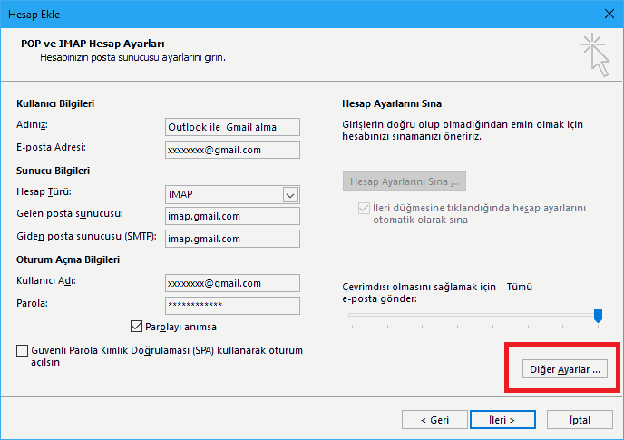 gmail outlook ayarları
