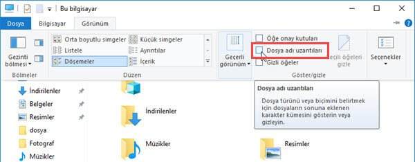 dosya uzantısı gösterme win10