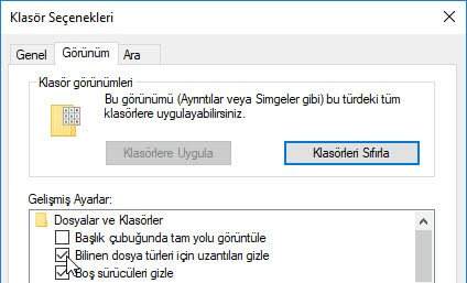 dosya uzantısı gösterme win10