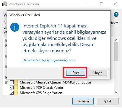 Internet Explorer Kaldırma Windows 10