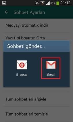 WhatsApp Konuşmalarını Email ile Gönderme