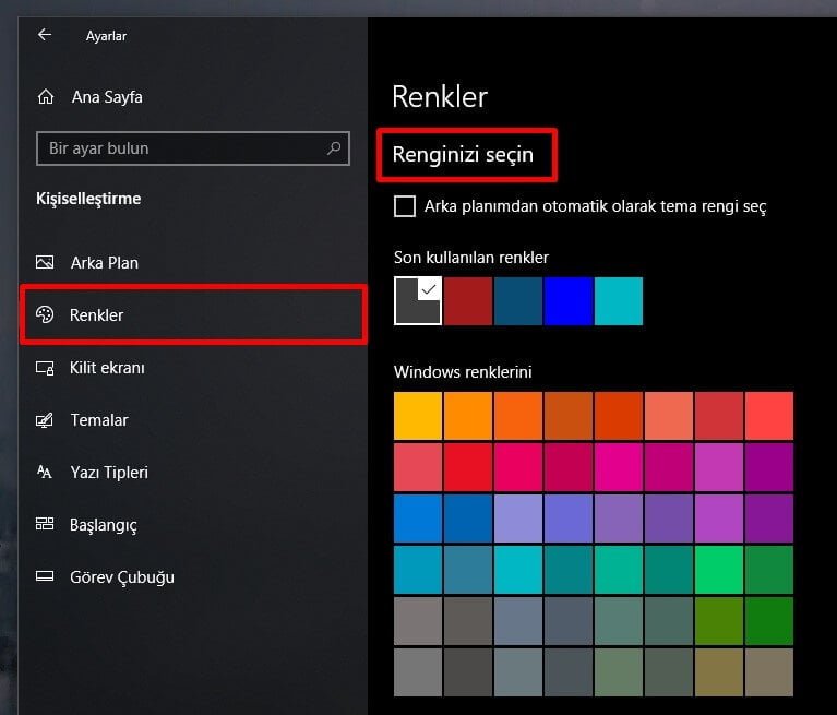 windows 10 siyah tema etkinleştirme