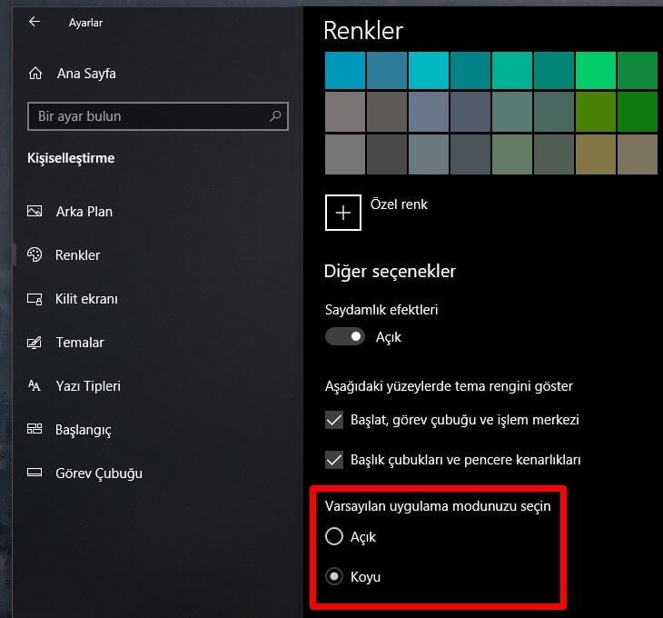 windows 10 siyah tema etkinleştirme