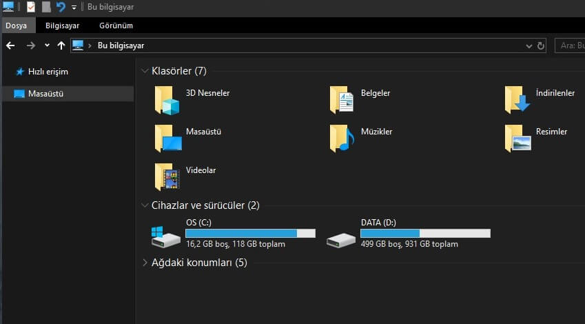 windows 10 siyah tema etkinleştirme