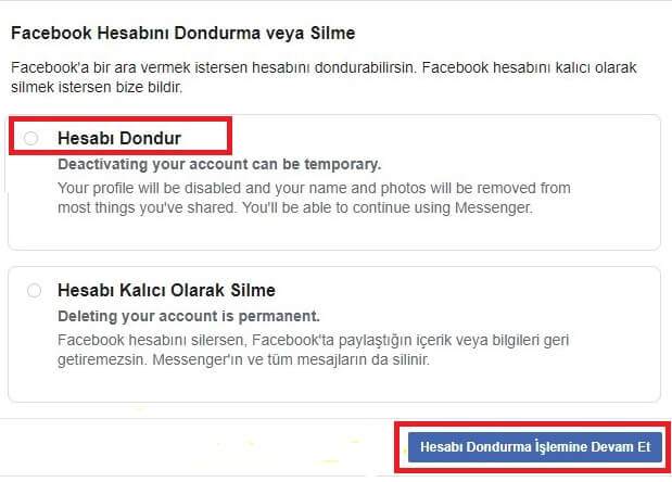 Facebook hesap dondurma