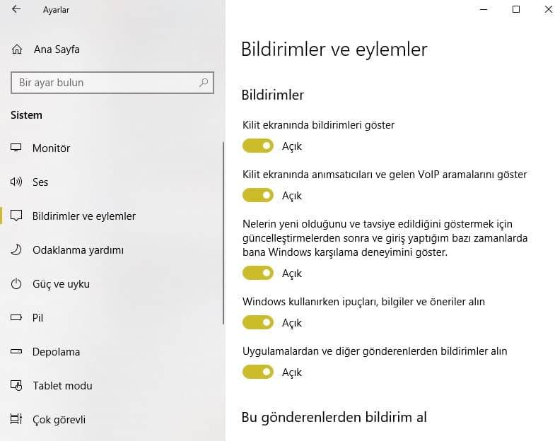 Windows 10 Rahatsız edici bildirimleri kapatma