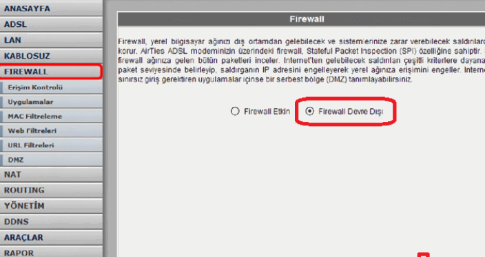 Modemlerde Güvenlik Duvarı kapatma,Modem firewall kapatma