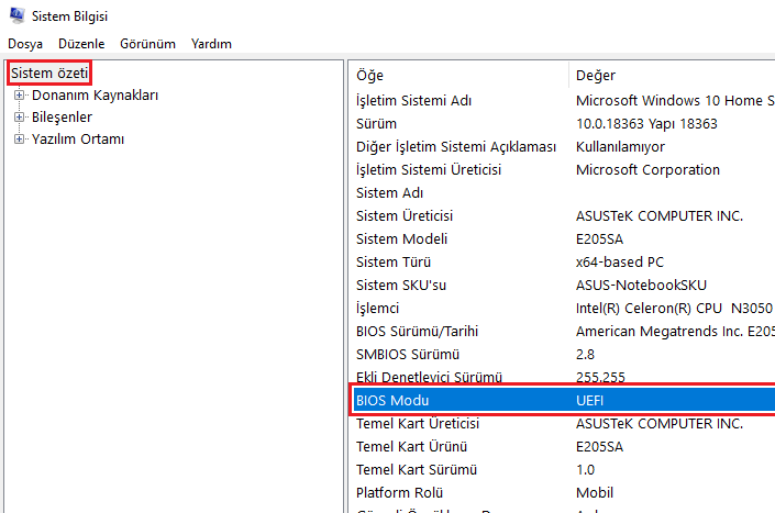 Windows 10 UEFI kurulum,Windows 10 USB boot,UEFI Windows 10 ISO,BIOS türü öğrenme