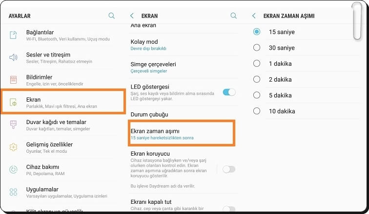 Samsung telefonda ekran kapanma süresi nasıl ayarlanır?