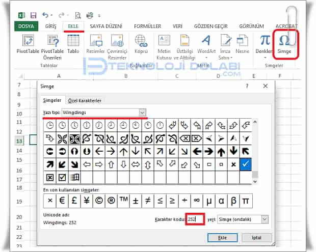Excel Tik İşareti ✓ Ekleme