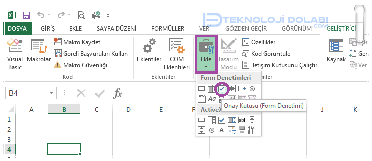 Excel'de Onay Kutusu Ekleme