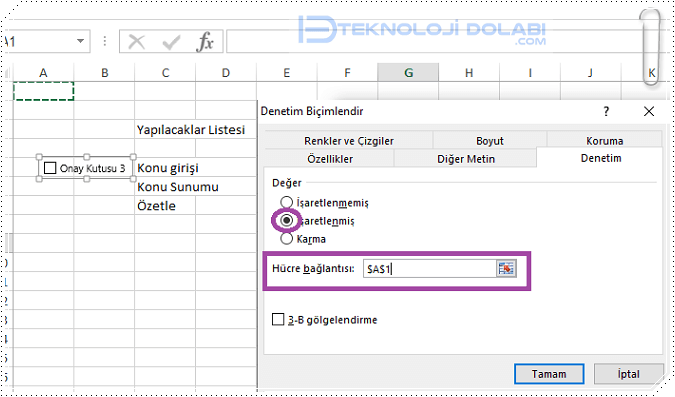 Excel'de Onay Kutusu Ekleme