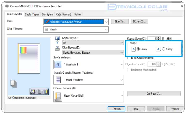 Yazıcıyı Dikeyden Yataya Yazdırma